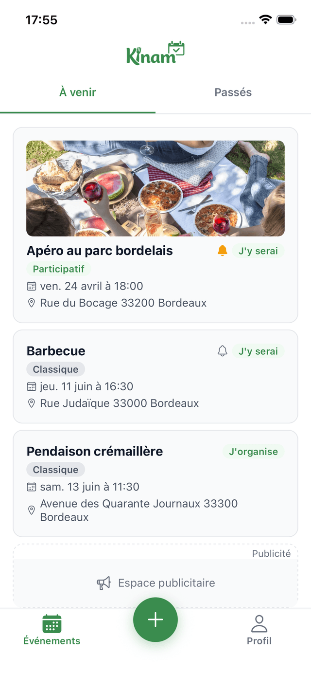 Aperçu de l'application Kinam — liste des événements