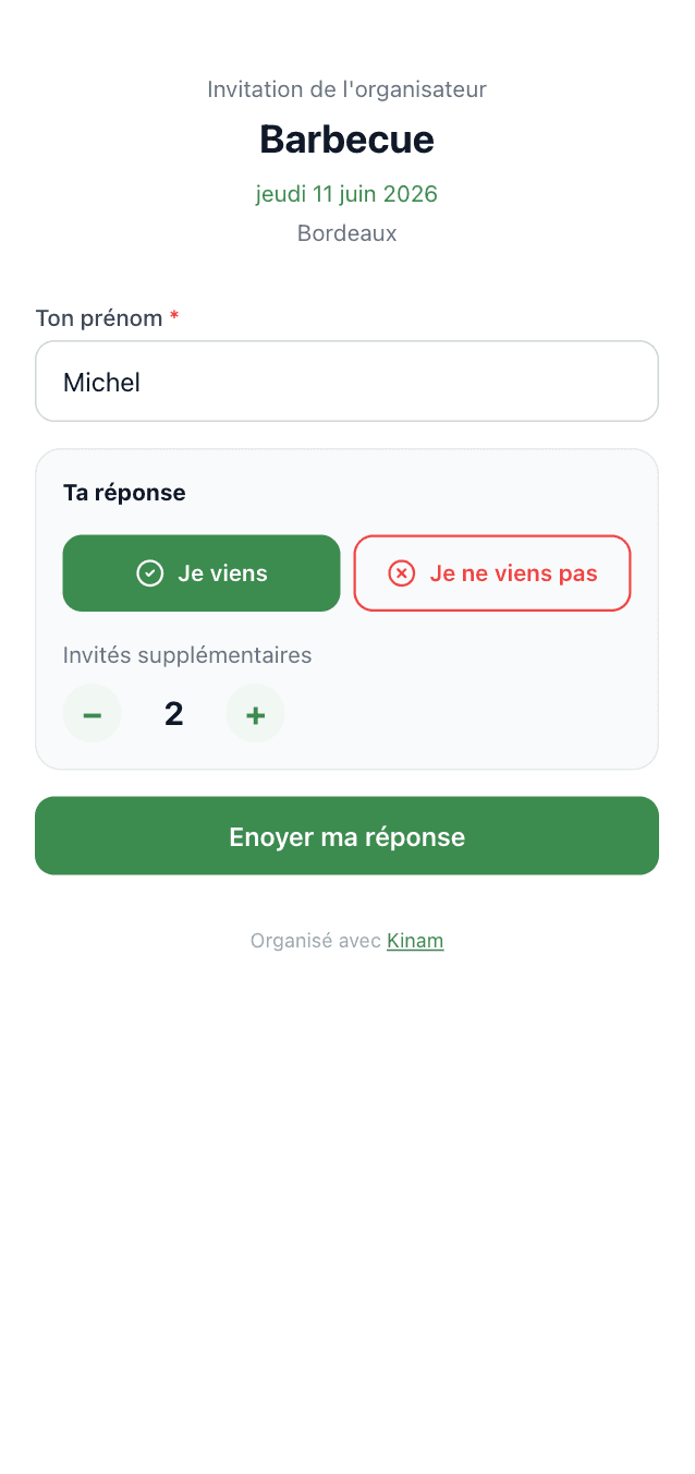 Page RSVP Kinam - répondre à un repas entre amis sans télécharger l'application