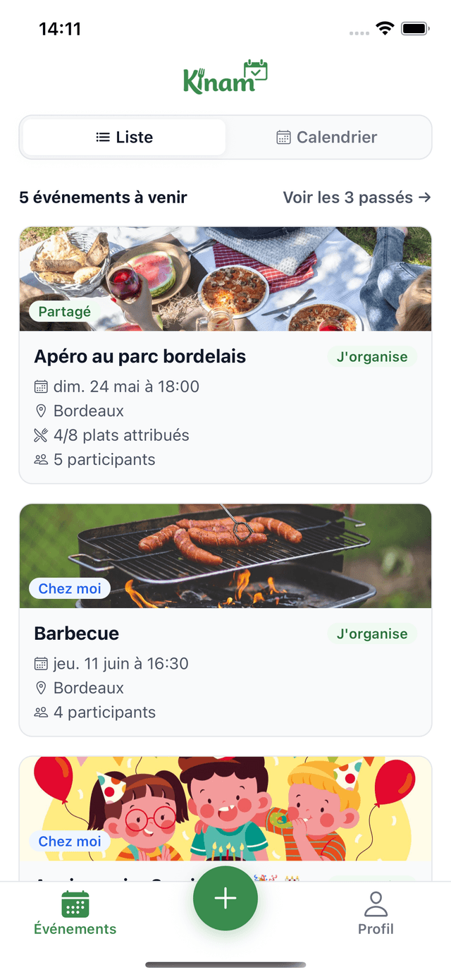 Application Kinam - liste des événements pour organiser un repas entre amis